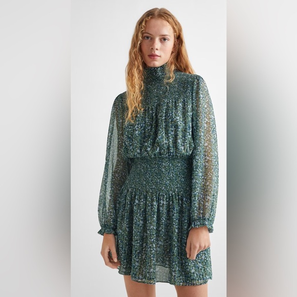 NWT MNG Mango Printed Ruched Dress in Green Size XS - Picture 1 of 11